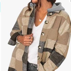 Long Sleeve Button Down Plaid Shirts Flannel Hooded Shacket Jacket Hoodie